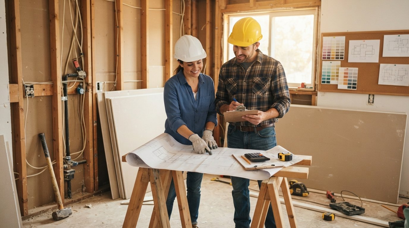 Couple in work clothes and hard hats reviewing blueprints and budget notes at a kitchen renovation site with exposed studs…