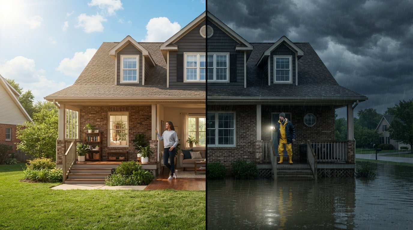 Split-view suburban home: sunny side with dry living room and homeowner, storm side with floodwater at foundation and…