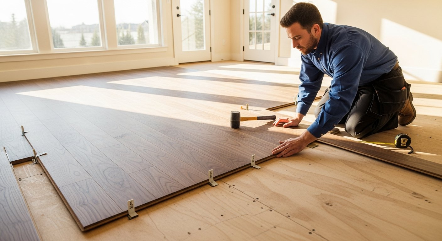 A flooring installer in a blue work shirt kneels on a plywood subfloor, aligning walnut hardwood planks with a rubber…