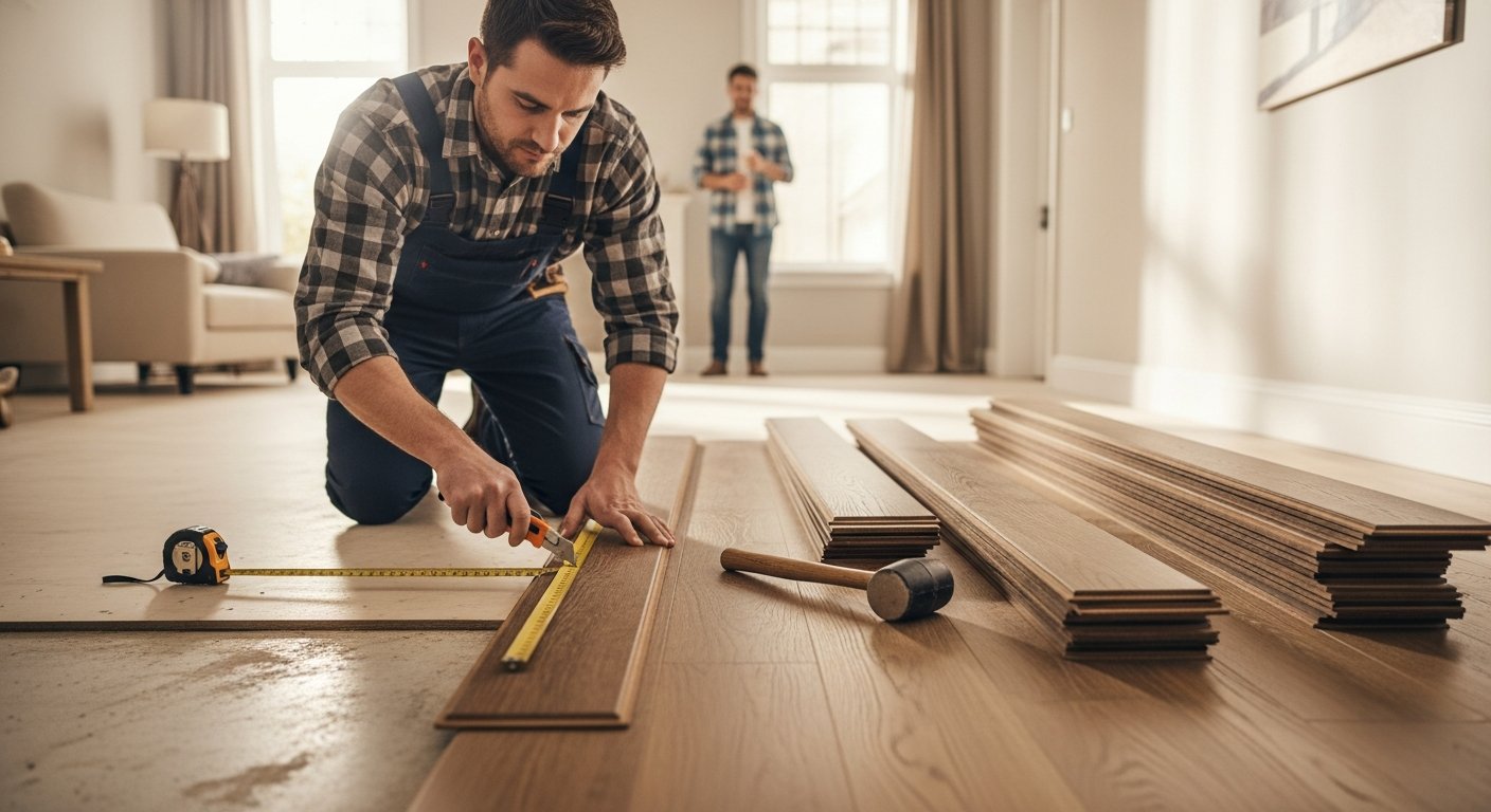 Flooring installer in a living room kneeling and cutting a dark oak plank with a utility knife, surrounded by tools and…