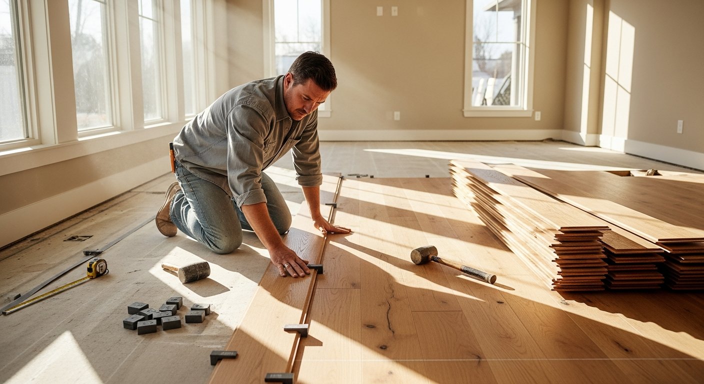 Installer kneeling on subfloor aligns wide oak hardwood plank with rubber mallet and spacers in bright room