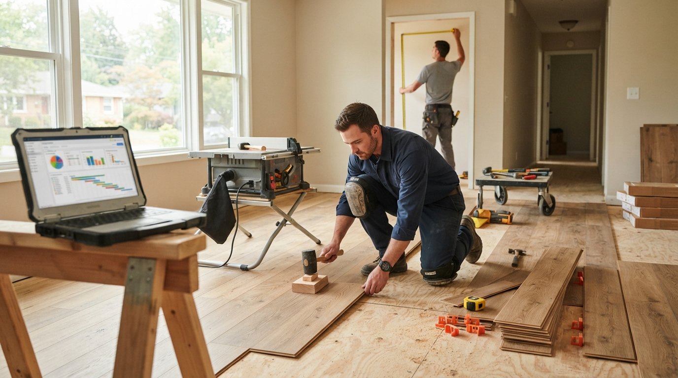 Flooring contractor in navy shirt and knee pads kneeling to install wide-plank luxury vinyl on a subfloor in a bright…
