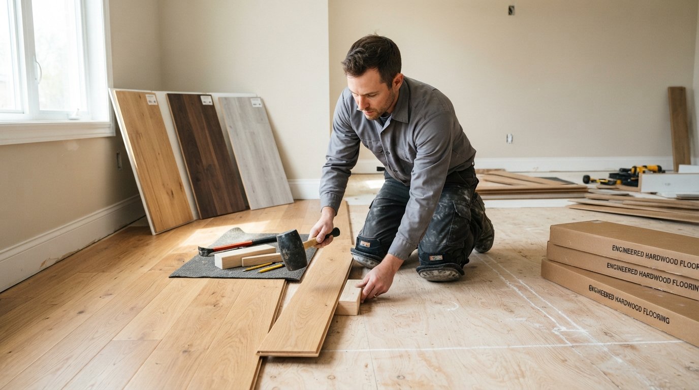 Flooring installer in gray shirt and knee pads kneeling on subfloor, fitting an engineered hardwood plank with a rubber…