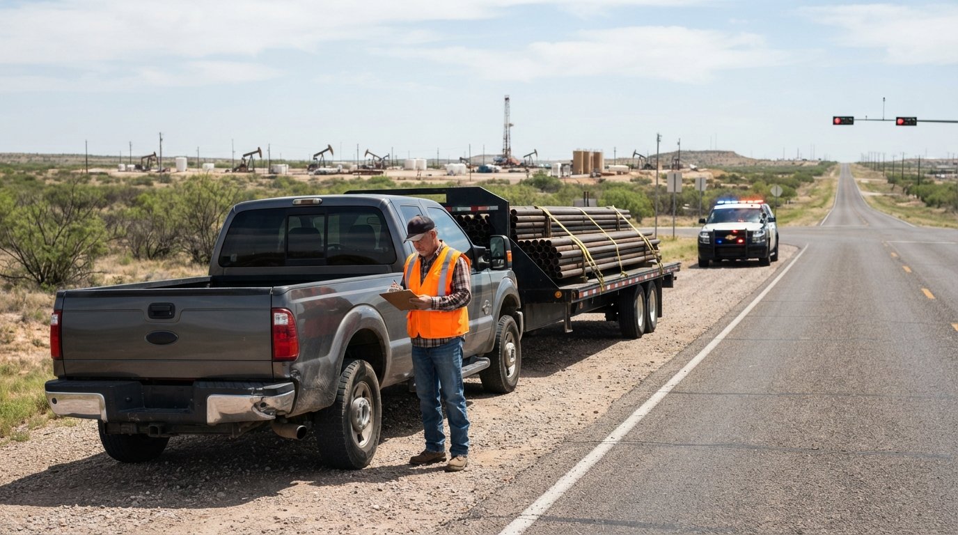 Driver in hi-vis vest holds clipboard beside damaged hotshot truck on West Texas highway shoulder with DPS SUV behind