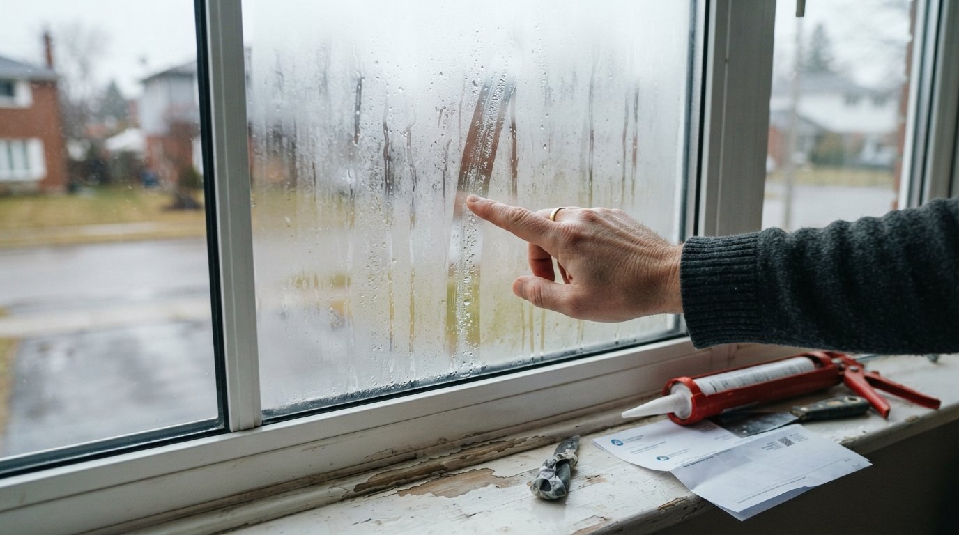 Finger swipe across a foggy double-pane window reveals trapped condensation and a distorted street view