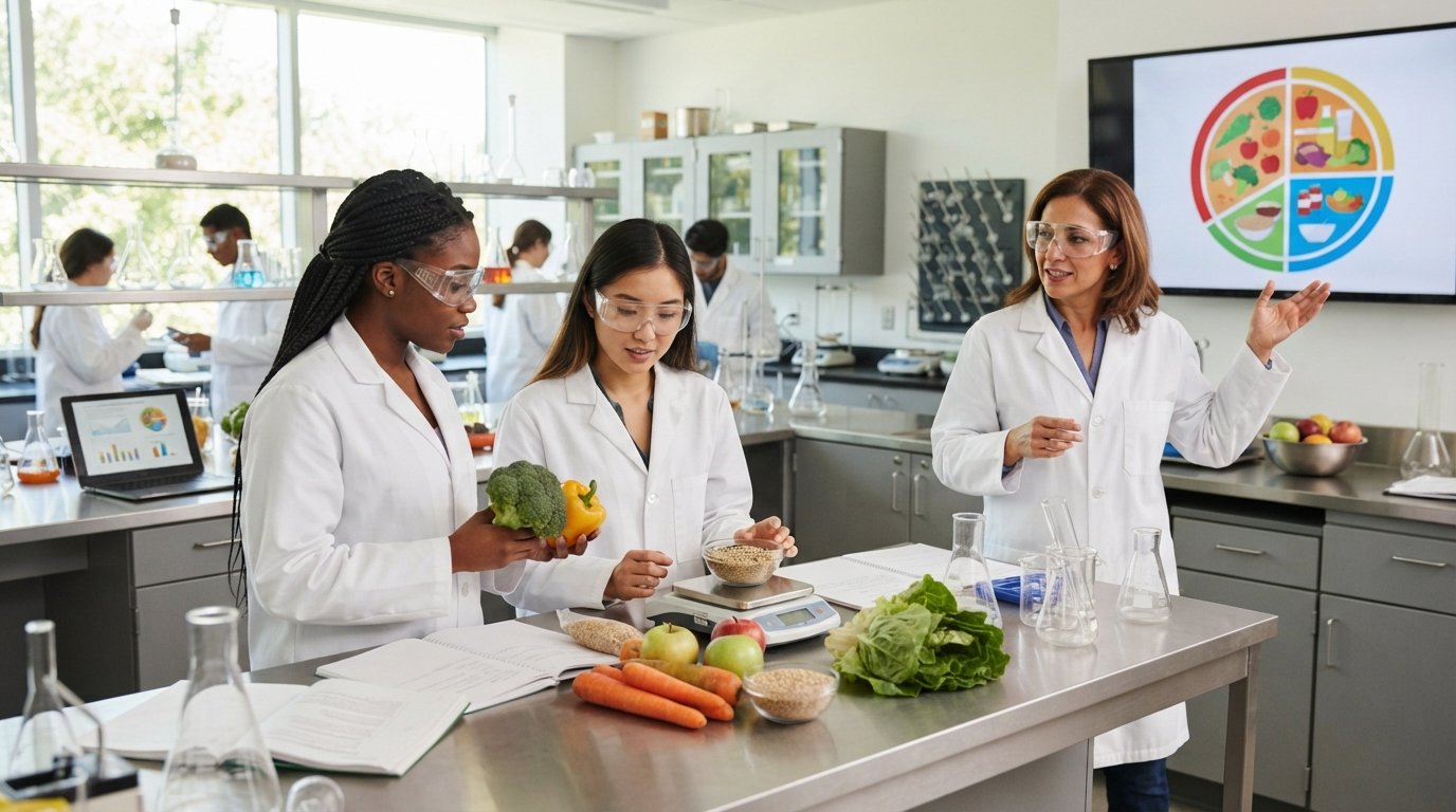 Two students in lab coats and goggles examine vegetables and whole grains beside a digital scale as a professor points to a…