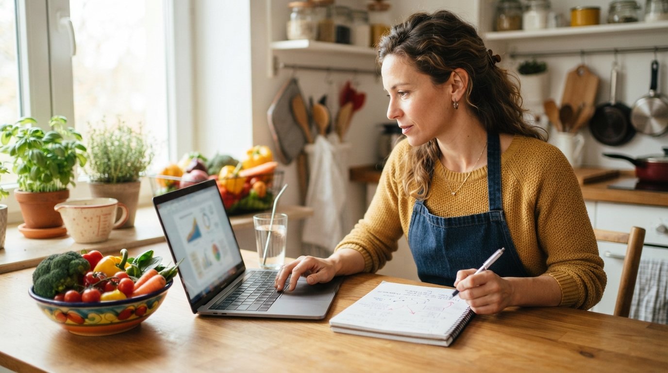 Adult student in apron at a wooden table with a laptop, notebook, fresh vegetables, and a glass of water, studying nutrition