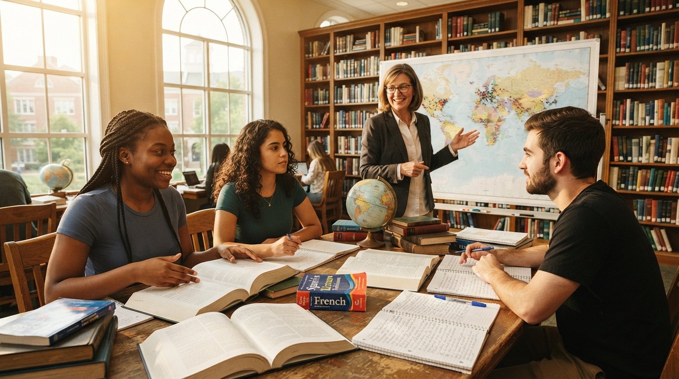 Three students study world literature and language dictionaries around a sunlit library table as a professor gestures…
