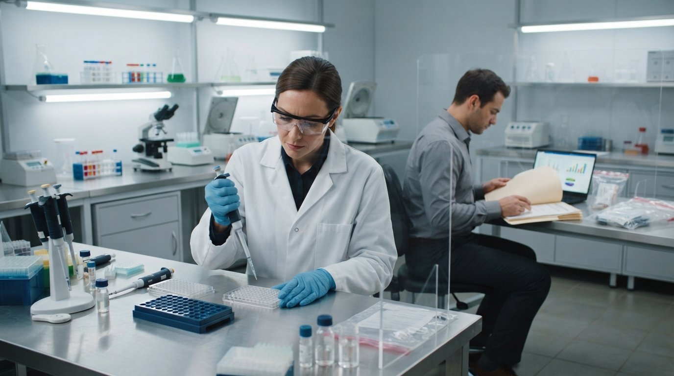 Forensic technician in lab coat and blue gloves uses a pipette to transfer a DNA sample at a lab bench with a microscope,…