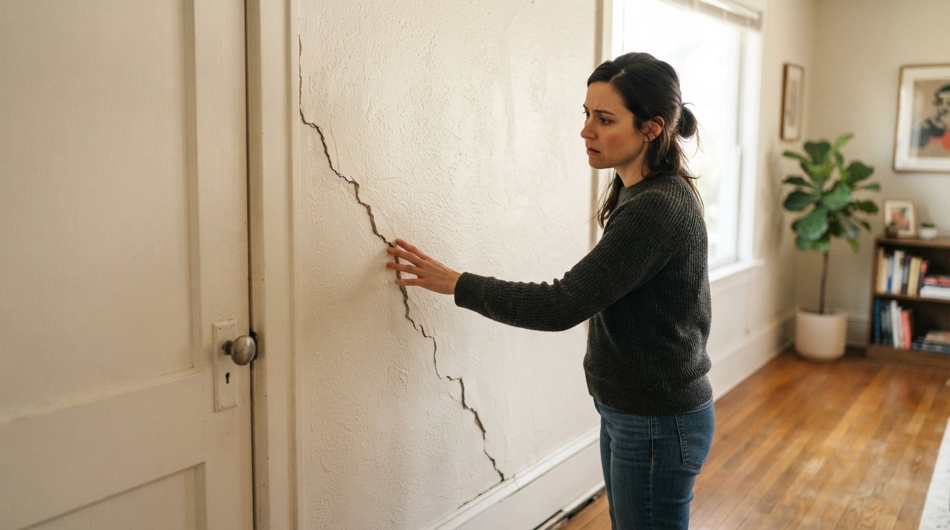 Homeowner in a sunlit living room running a hand along a jagged stair-step crack in a drywall wall, with a sticking door…