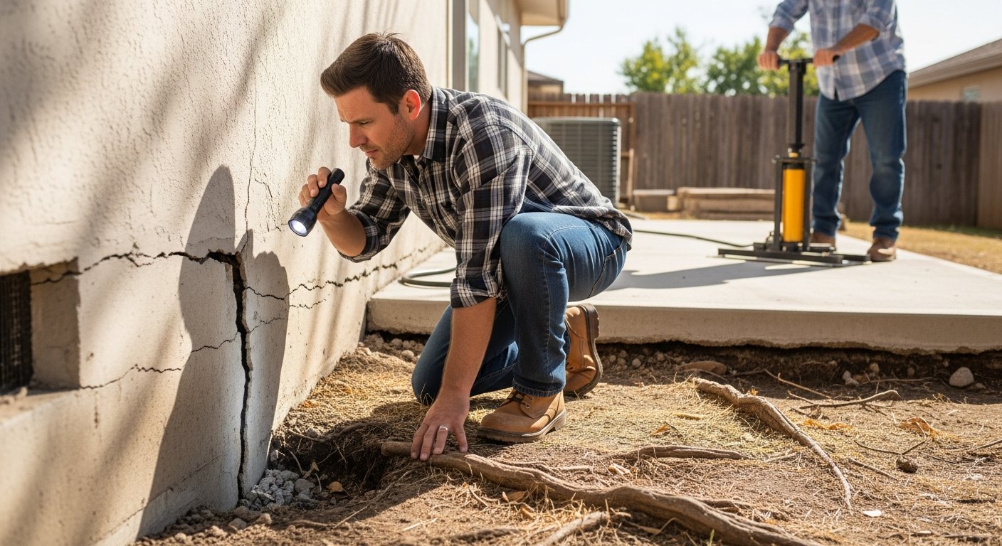 Home inspector in plaid shirt and work boots kneels by concrete foundation wall, shining flashlight on jagged crack