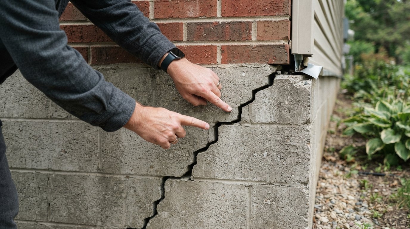 Hands pointing to a stair-stepped diagonal crack in a gray concrete foundation wall, with brick siding and a small ground…