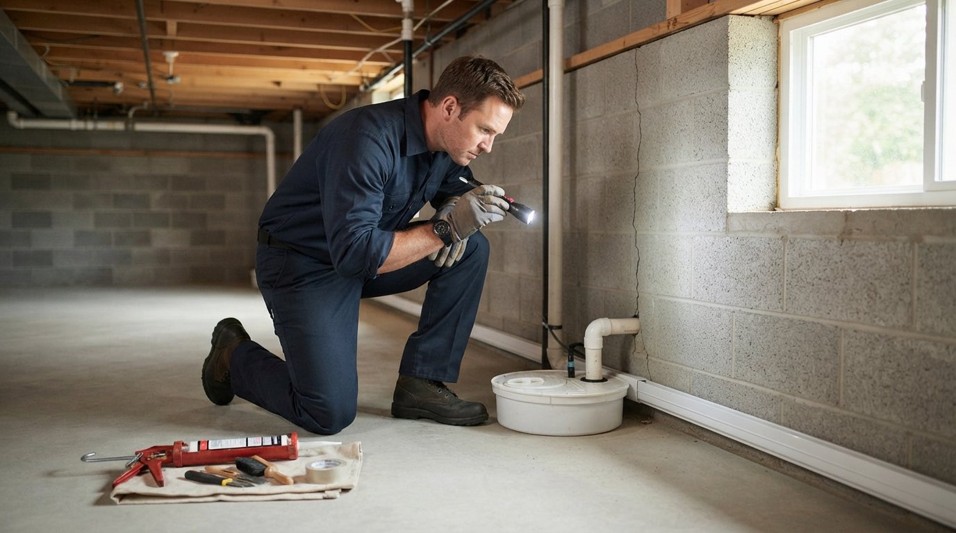 Contractor in navy uniform kneeling beside a concrete foundation wall, shining a flashlight on a hairline crack near a sump…