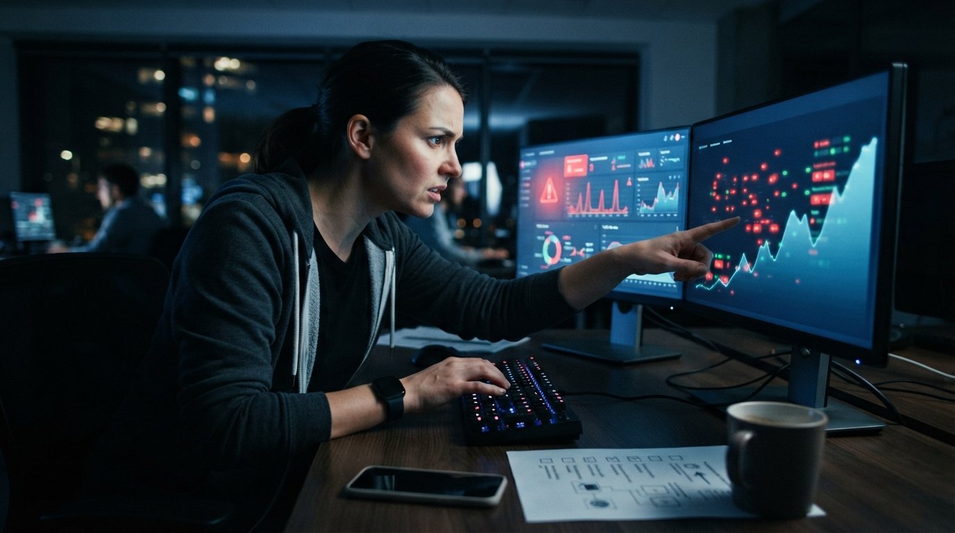 Marketer at dual monitors with red and green risk indicators, pointing at a screen showing blocked suspicious form…