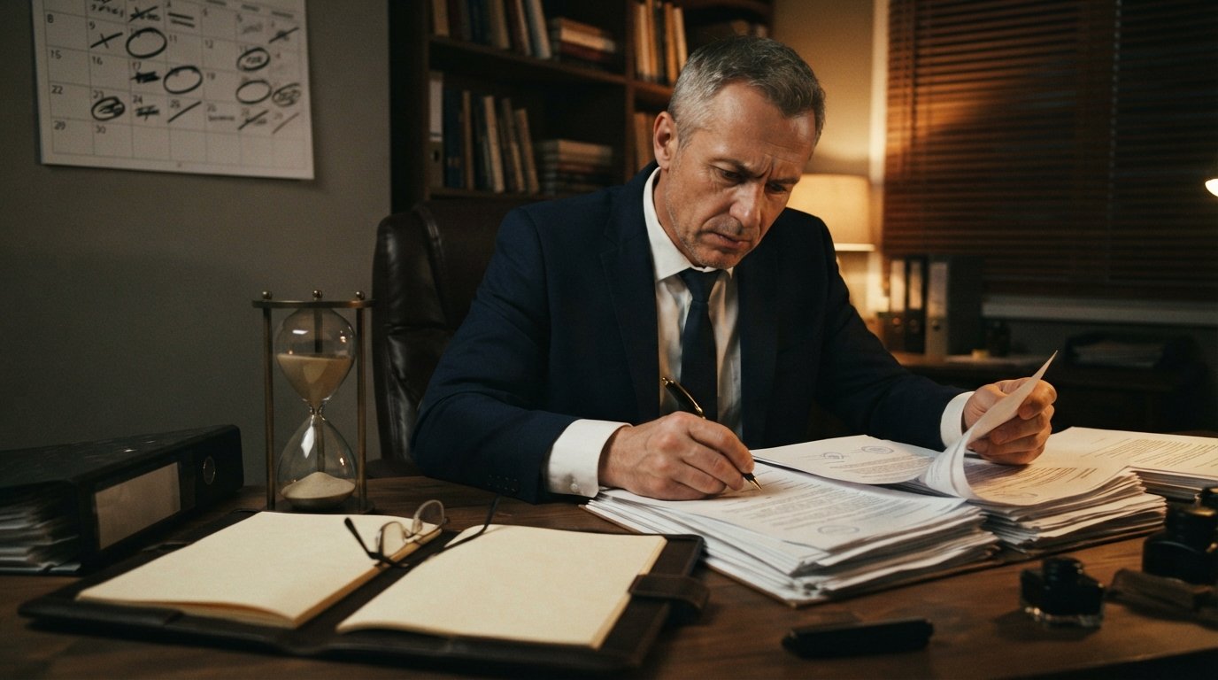 Man in a navy suit at a wooden desk reviewing legal documents beside an hourglass with sand nearly gone, a marked calendar,…