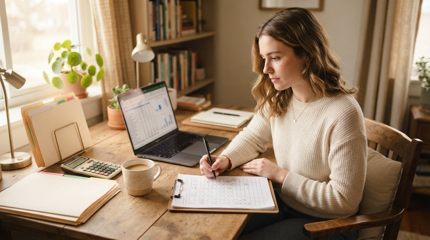 Young adult student at a sunlit wooden desk reviewing a financial aid checklist on a laptop while holding a pen over…