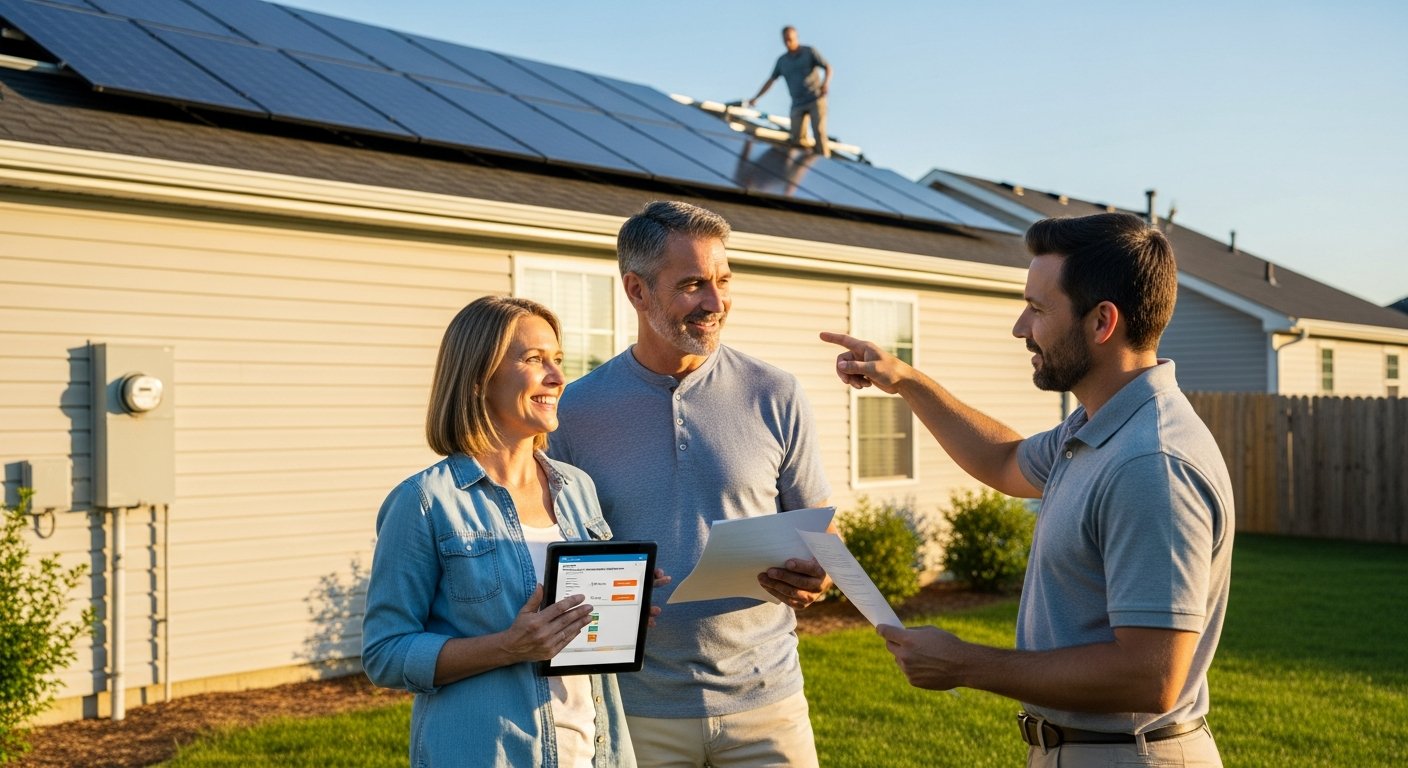 Smiling couple holds tablet and paper solar quote while installer points to roof panels being installed