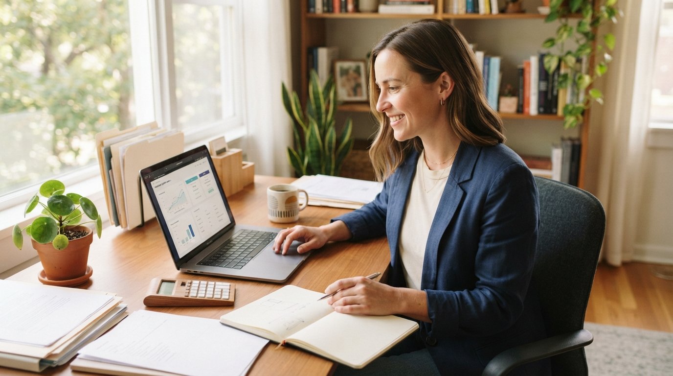 Freelancer in blazer comparing health insurance quotes on a laptop at a sunlit desk with paperwork, calculator, and coffee…