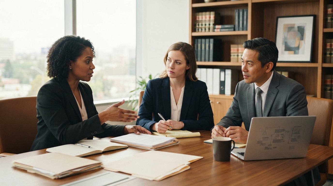 Three attorneys in business attire review documents and a laptop at a wooden conference table in a bright office
