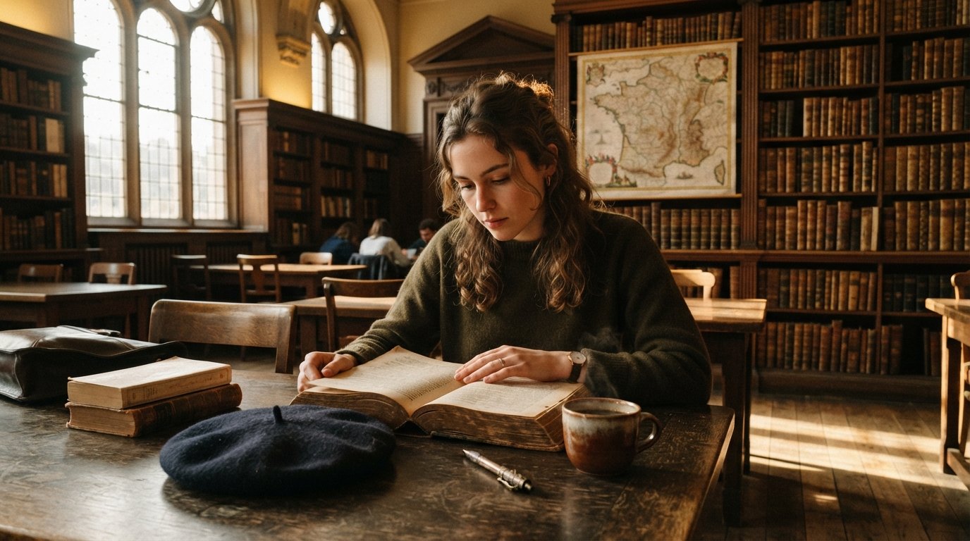 A student in a college library reading room studies an open French book at a wooden desk with a beret and coffee nearby