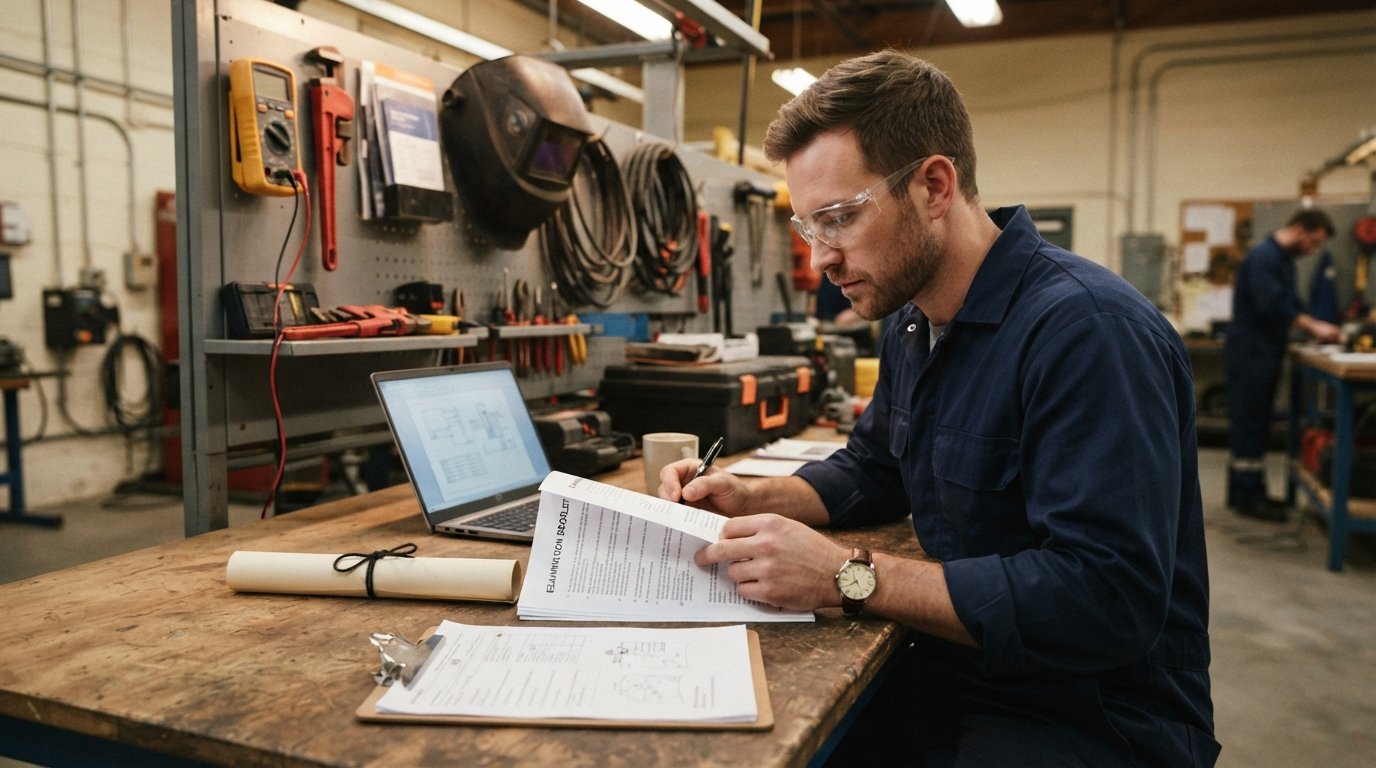 Tradesperson in navy work shirt and safety glasses studies a licensing exam booklet at a wooden desk with certificate,…