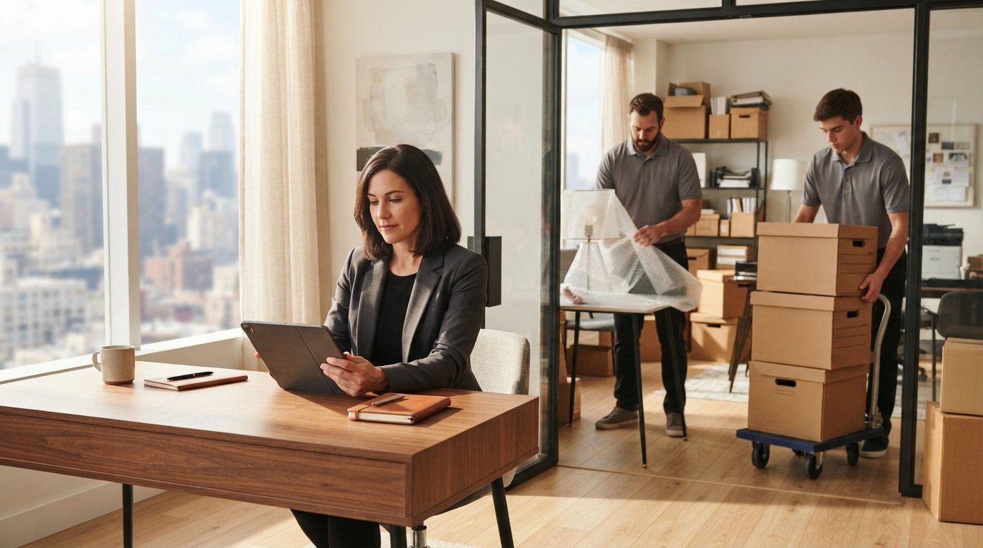 Professional woman at desk reviewing tablet while movers pack items behind her in bright office