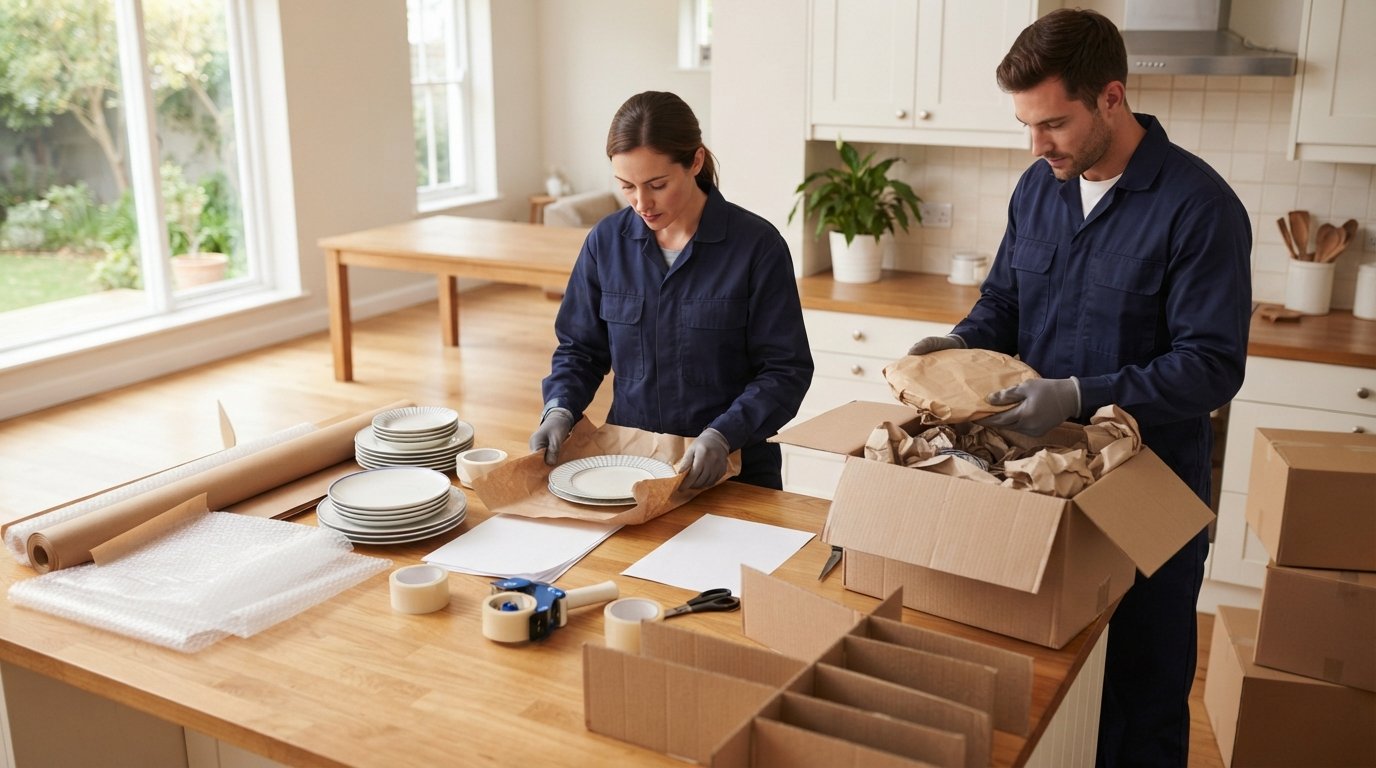 Two movers in navy uniforms wrap ceramic dishes and pack them into a box at a sunlit kitchen counter.