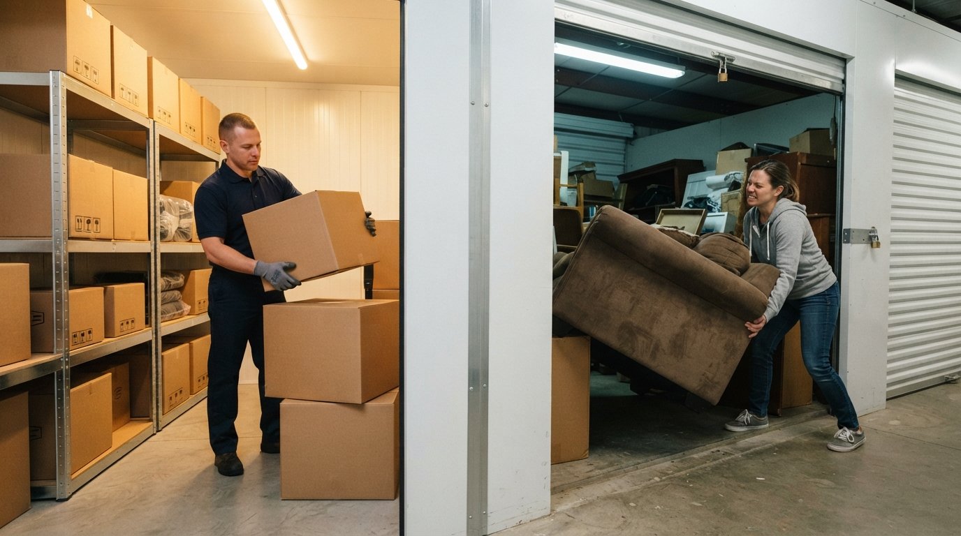 Split scene: a uniformed mover stacks a labeled box in a climate-controlled storage unit beside a homeowner pushing a sofa…