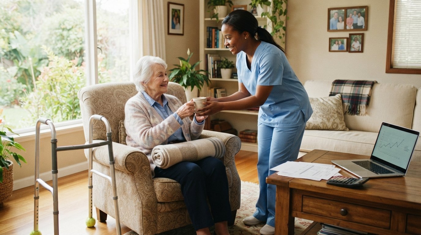 Senior woman in a cardigan sits in an armchair while a home health aide in blue scrubs hands her a cup of tea, with a…