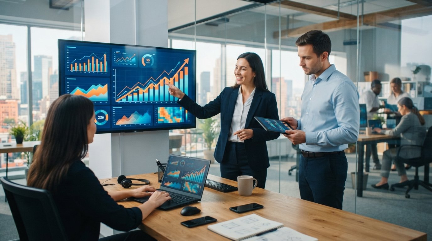 Two marketing analysts in a glass-walled office review call tracking dashboards; one points at a rising graph while the…