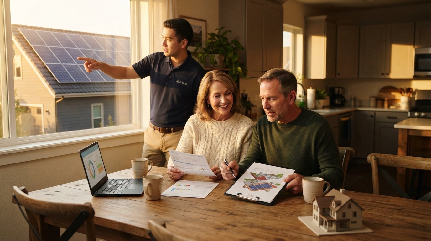 Couple at a kitchen table reviewing a utility bill and solar quote while a technician points toward rooftop solar panels…