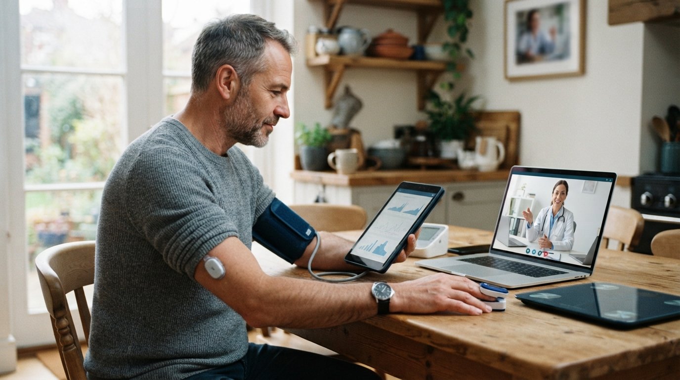 Middle-aged man in gray sweater at kitchen table reviews health data on tablet, blood pressure cuff on arm, laptop showing…