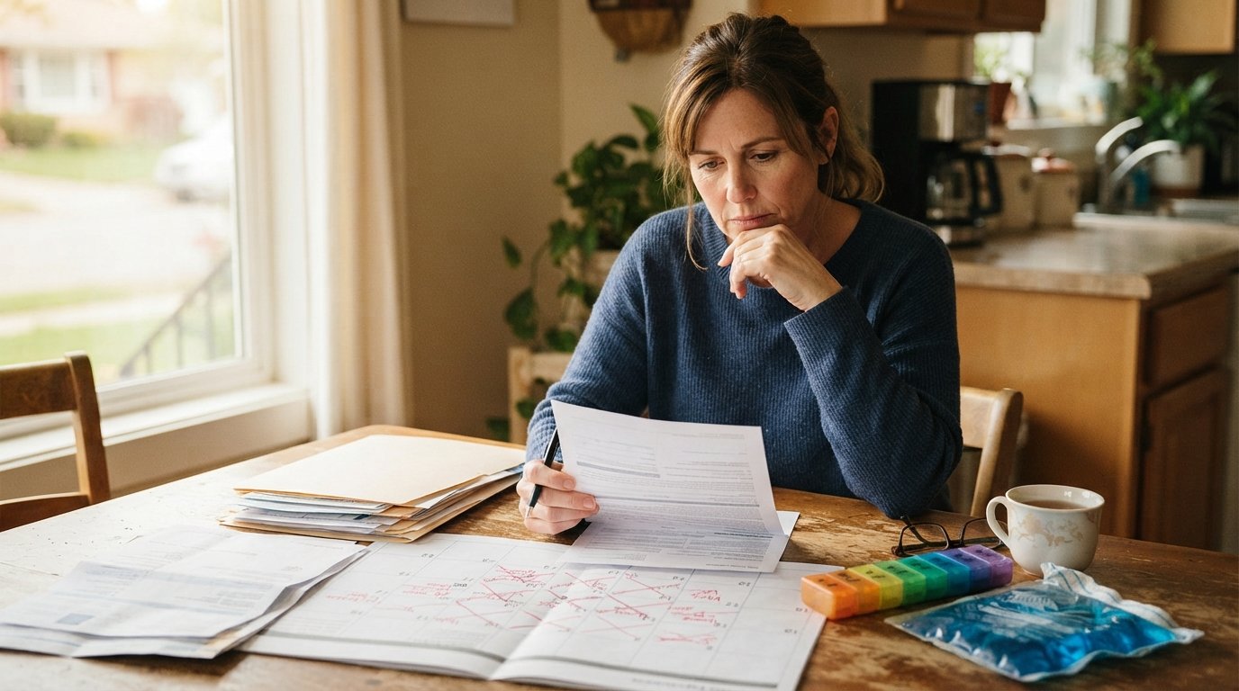 Woman at a kitchen table holding a pen over an insurance letter, with a marked calendar, therapy bills, medical records,…