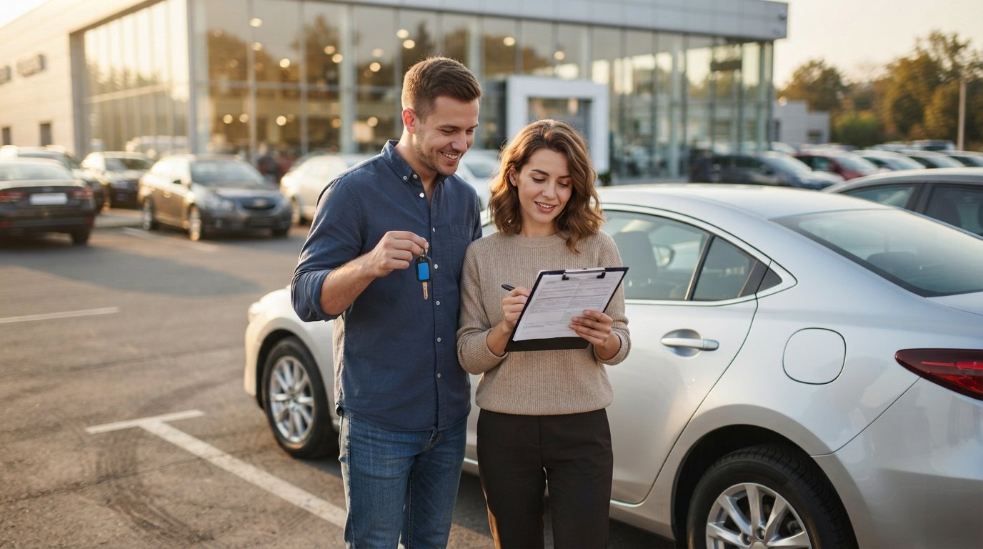 Couple beside a silver sedan in a dealership lot, man holding car keys as woman reviews financing paperwork in warm sunlight