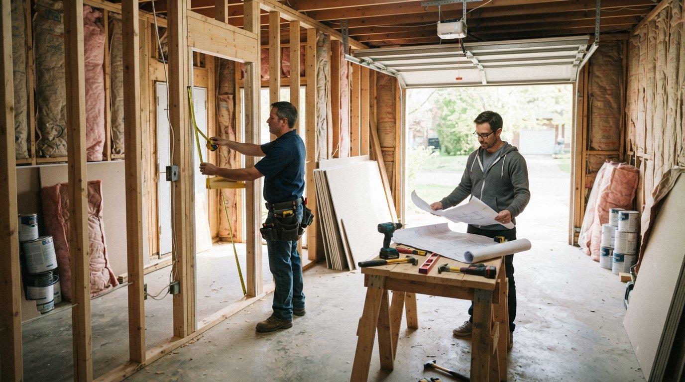 Contractor measuring a framed door opening with a tape measure as a homeowner reviews blueprints in a garage being…