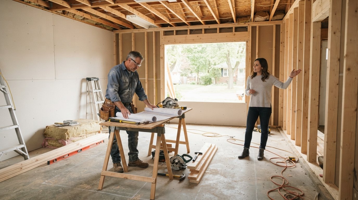 Contractor in blue shirt and safety glasses reviewing blueprints inside a garage with framed stud walls, partial drywall,…