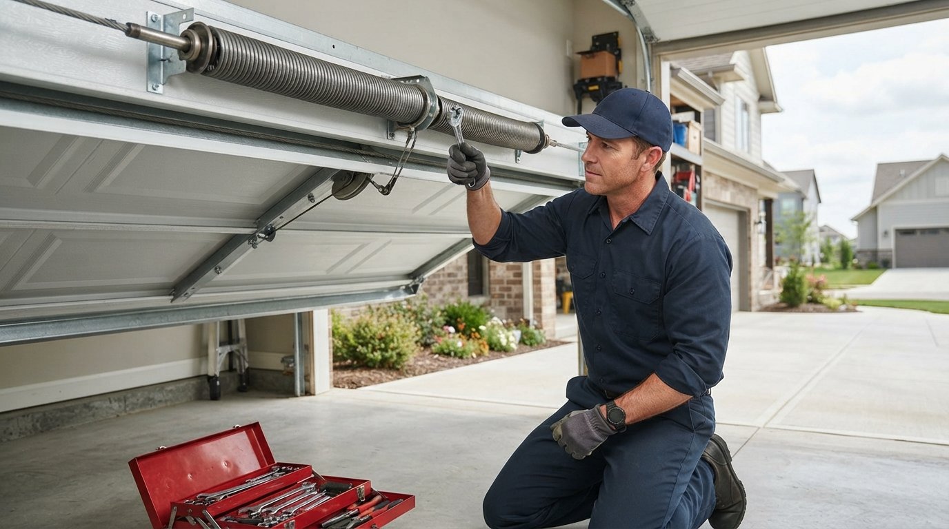 Technician in navy shirt and cap kneels on concrete floor, adjusting a steel torsion spring with a wrench above a partially…