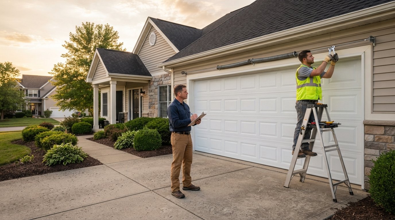 Contractor with clipboard inspecting a white paneled two-car garage door while a worker in a safety vest adjusts the…