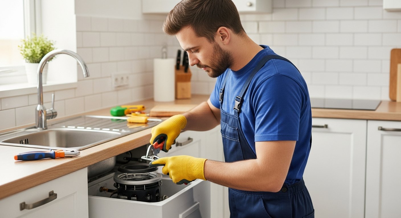 Repair technician in navy uniform kneeling under kitchen sink, using wrench and flashlight on stainless steel garbage…