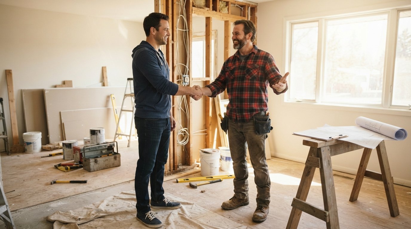 Smiling homeowner and general contractor in a plaid shirt shake hands in a sunlit living room under renovation, with…
