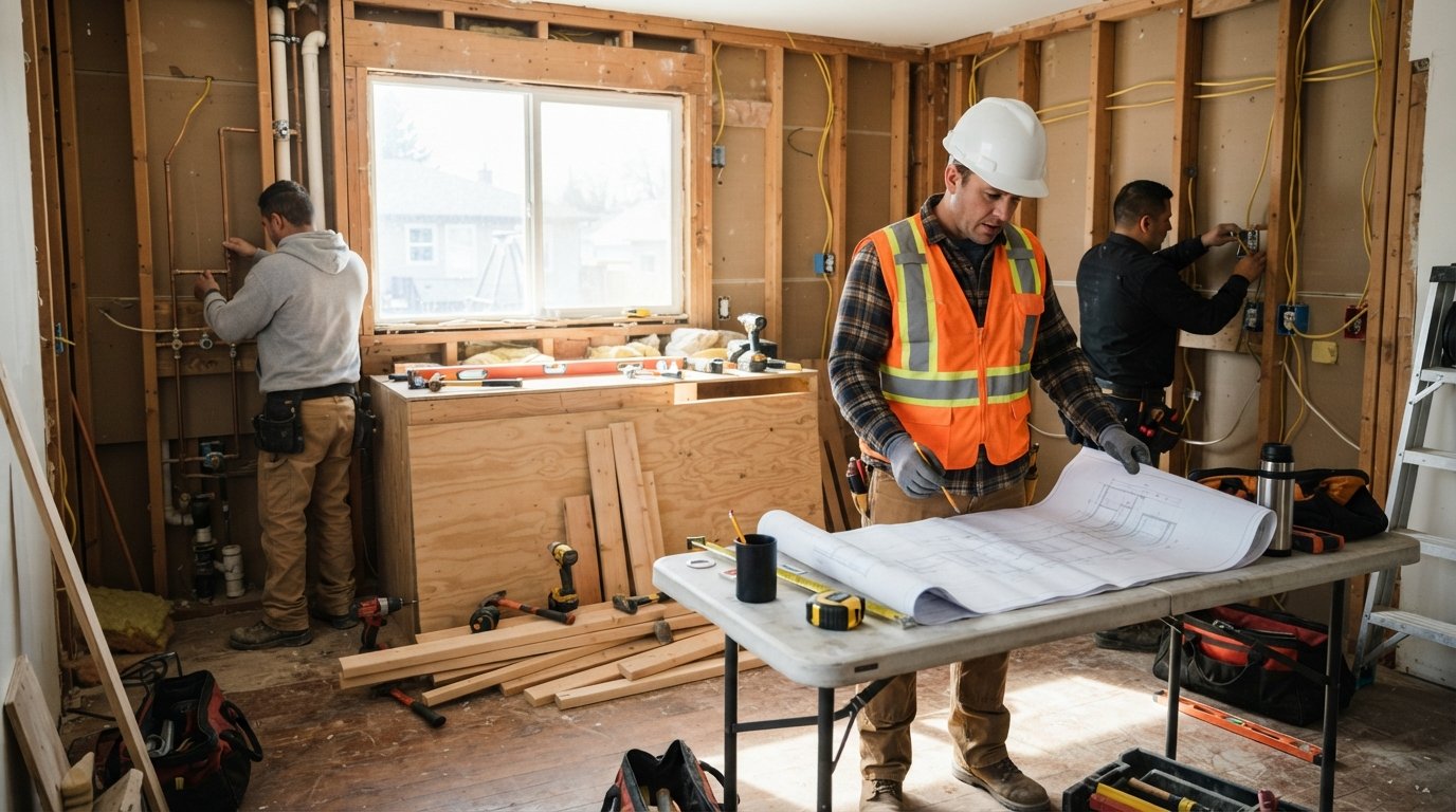 Contractor in hard hat and vest studies blueprints at a folding table while a plumber and electrician work on exposed studs…