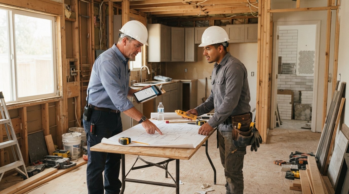 Two contractors in hard hats review blueprints at a folding table in a home under renovation, with exposed framing, wiring,…