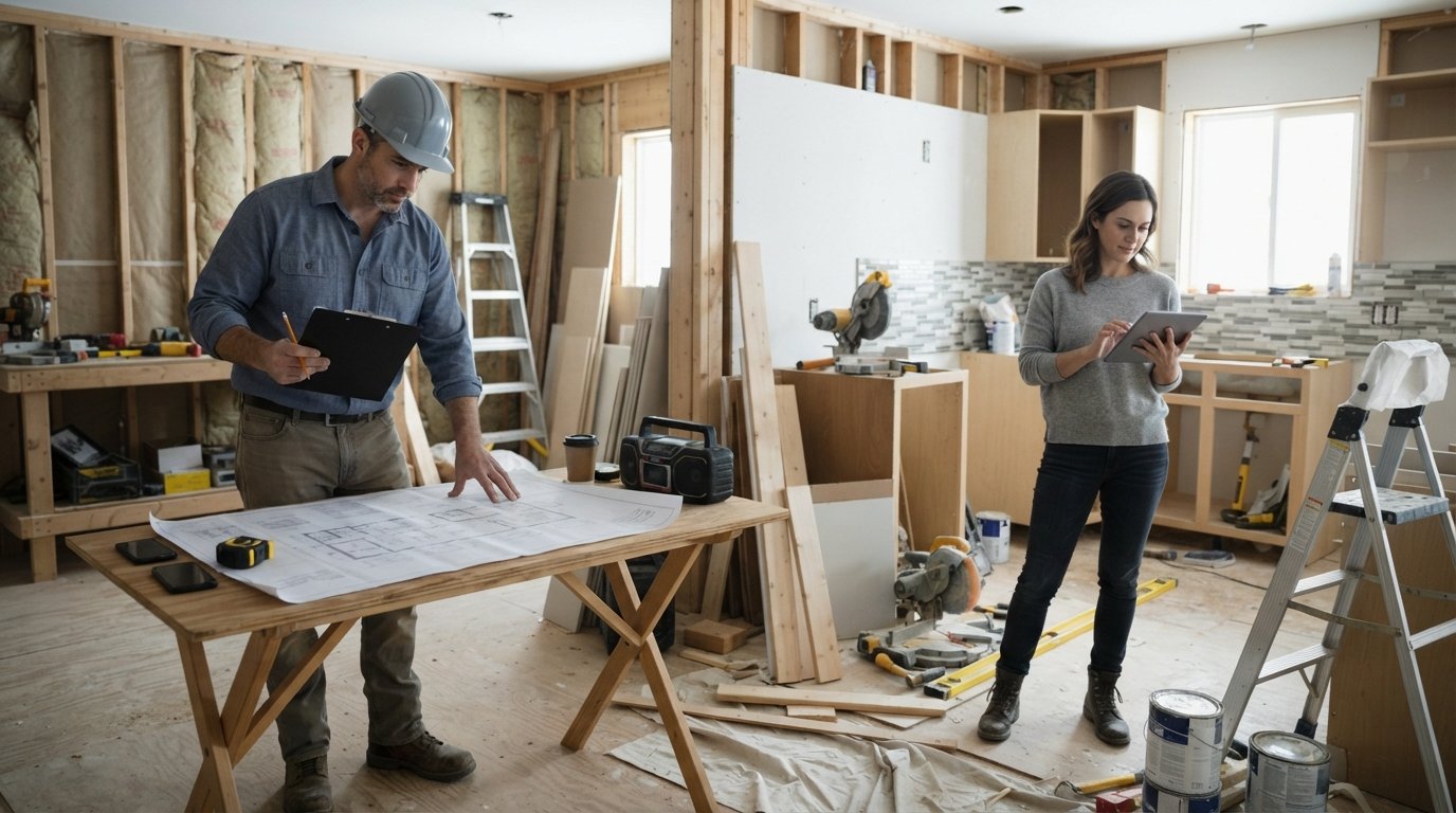General contractor in hard hat reviewing blueprints beside a homeowner with a tablet scheduling work in a half-finished…