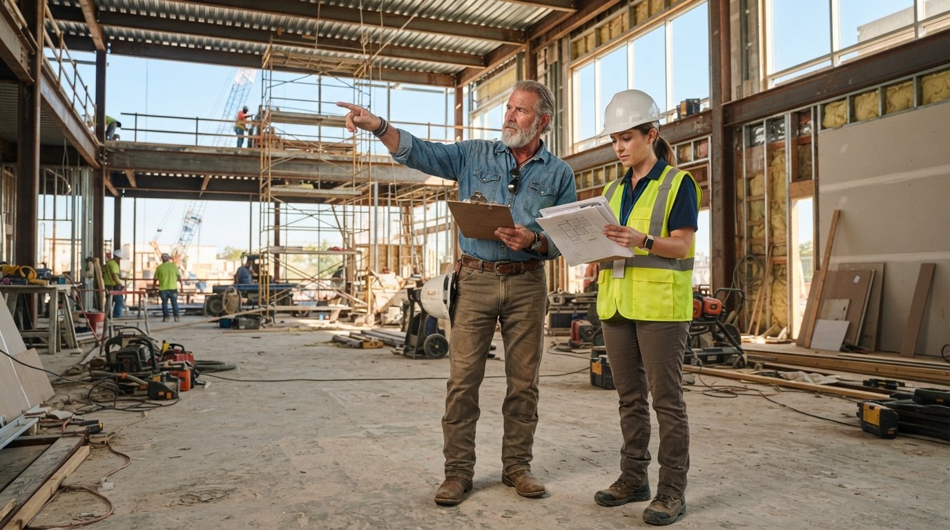 Texas contractor in denim shirt and leather boots holding clipboard beside female project manager in hard hat and safety…