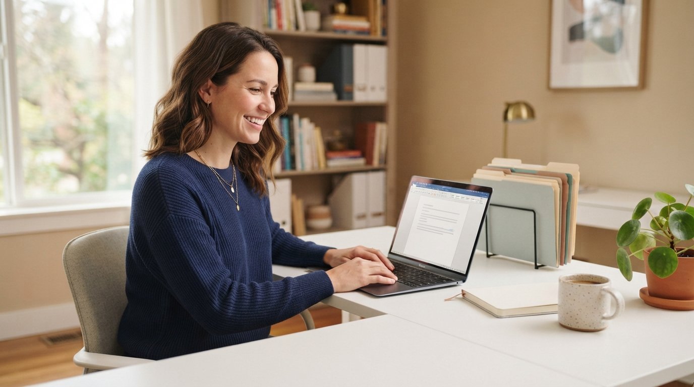 Smiling woman in business casual attire working on a laptop at a white desk with file folders, planner, and coffee mug nearby