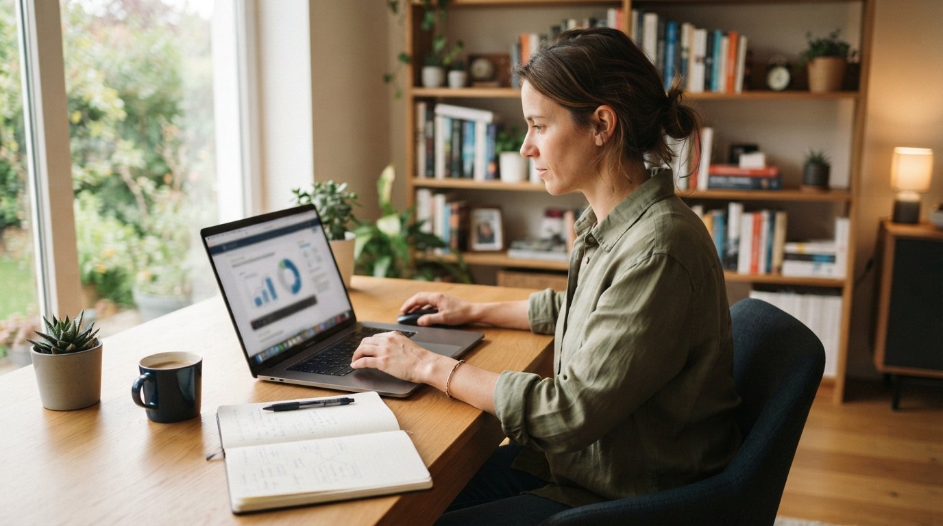 Adult learner in a button-down shirt studies on a laptop at a home desk with a notebook, pen, and coffee mug, bookshelves…