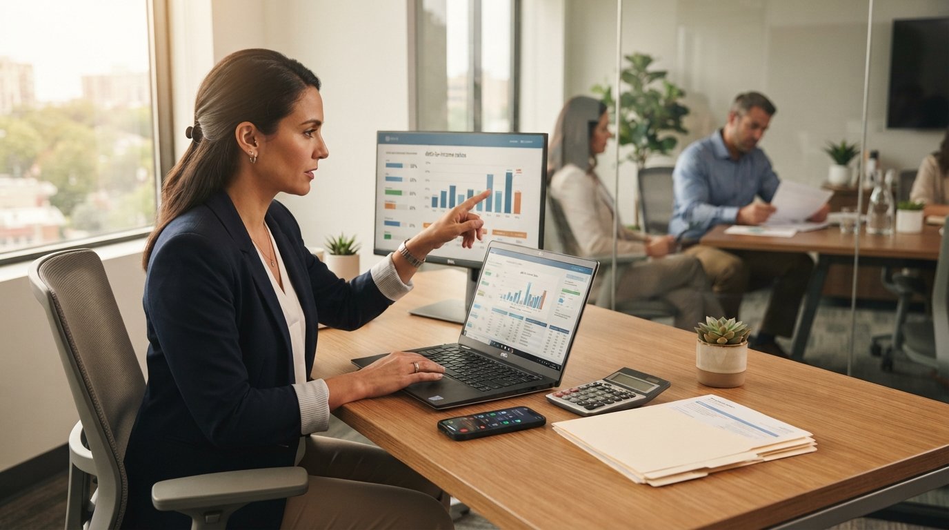 Loan officer in navy suit points at debt-to-income chart on a monitor beside a laptop, phone with call log, calculator, and…