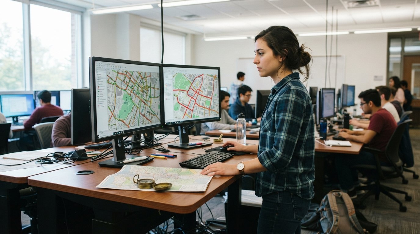 Student in a computer lab examining a colorful digital city map with traffic and route layers on dual monitors