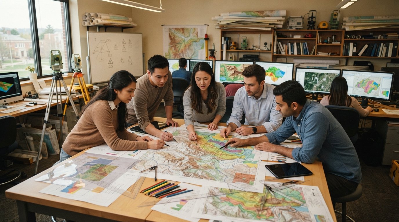 Graduate students review printed topographic maps and layered spatial data at a wide table in a university GIS lab with…