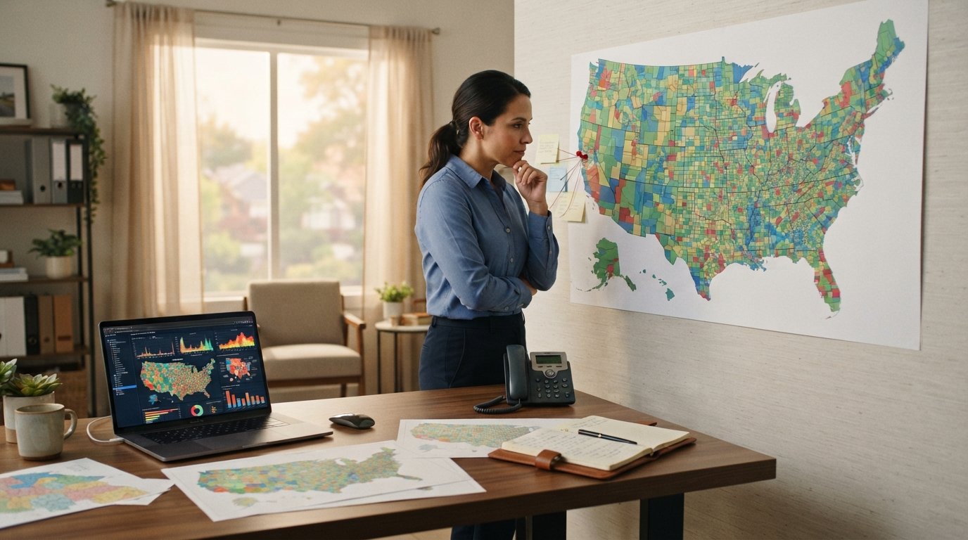 Insurance agent in a home office studies a wall map of U.S. counties with one county marked by a pushpin, beside a laptop…